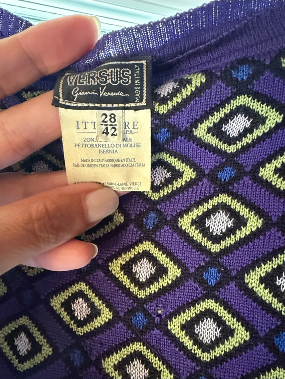 Versace Purple Geometric Diamond-Print Crewneck Sweater- see pics for flaws